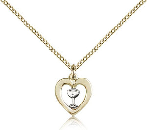 Two-Tone SS/GF Heart / Chalice Pendant, Gold Filled Lite Curb Chain, 1/2" x 3/8"