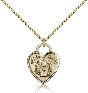 Gold Filled Communion Heart Pendant, Gold Filled Lite Curb Chain, 3/4" x 5/8"