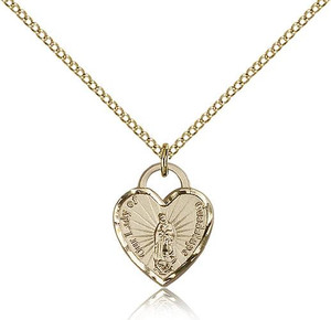 Gold Filled Our Lady of Guadalupe Heart Pendant, Gold Filled Lite Curb Chain, 5/8" x 1/2"