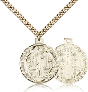 Gold Filled St. Benedict Pendant, Stainless Gold Heavy Curb Chain, 1" x 7/8" Gold Filled St. Benedict Pendant, Stainless Gold Heavy Curb Chain, 1" x 7/8"