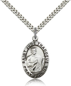 Sterling Silver St. Jude Pendant, Stainless Silver Heavy Curb Chain, 1" x 5/8" Sterling Silver St. Jude Pendant, Stainless Silver Heavy Curb Chain, 1" x 5/8"