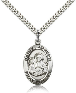 Sterling Silver St. Joseph Pendant, Stainless Silver Heavy Curb Chain, 1" x 5/8" Sterling Silver St. Joseph Pendant, Stainless Silver Heavy Curb Chain, 1" x 5/8"