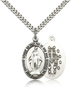 Sterling Silver Miraculous Pendant, Stainless Silver Heavy Curb Chain, 1" x 5/8" Sterling Silver Miraculous Pendant, Stainless Silver Heavy Curb Chain, 1" x 5/8"