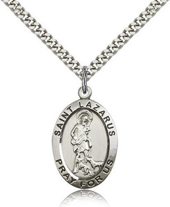 Sterling Silver St. Lazarus Pendant, Stainless Silver Heavy Curb Chain, 1" x 5/8" Sterling Silver St. Lazarus Pendant, Stainless Silver Heavy Curb Chain, 1" x 5/8"
