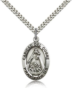 Sterling Silver Caridad Del Cobre Pendant, Stainless Silver Heavy Curb Chain, 1" x 5/8" Sterling Silver Caridad Del Cobre Pendant, Stainless Silver Heavy Curb Chain, 1" x 5/8"