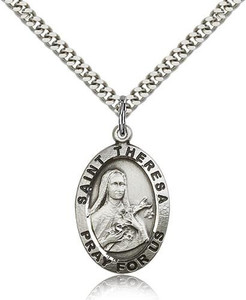 Sterling Silver St. Theresa Pendant, Stainless Silver Heavy Curb Chain, 1" x 5/8" Sterling Silver St. Theresa Pendant, Stainless Silver Heavy Curb Chain, 1" x 5/8"