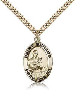 Gold Filled St. Gerard Pendant, Stainless Gold Heavy Curb Chain, 1" x 5/8" Gold Filled St. Gerard Pendant, Stainless Gold Heavy Curb Chain, 1" x 5/8"