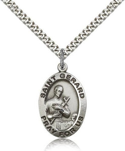 Sterling Silver St. Gerard Pendant, Stainless Silver Heavy Curb Chain, 1" x 5/8" Sterling Silver St. Gerard Pendant, Stainless Silver Heavy Curb Chain, 1" x 5/8"
