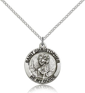 Sterling Silver St. Christopher Pendant, stainless steel Lite Curb Chain, 3/4" x 3/4" Sterling Silver St. Christopher Pendant, stainless steel Lite Curb Chain, 3/4" x 3/4"