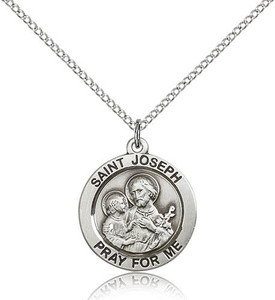 Sterling Silver St. Joseph Pendant, Lite Curb Chain, 3/4" x 3/4"