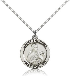 Sterling Silver St. Theresa Pendant, Lite Curb Chain, 3/4" x 3/4" Sterling Silver St. Theresa Pendant, Lite Curb Chain, 3/4" x 3/4"