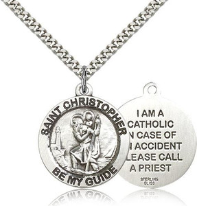 Sterling Silver St. Christopher Pendant, Stainless Silver Heavy Curb Chain, 1" x 7/8" Sterling Silver St. Christopher Pendant, Stainless Silver Heavy Curb Chain, 1" x 7/8"