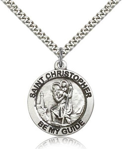 Sterling Silver St. Christopher Pendant, Stainless Silver Heavy Curb Chain, 1" x 7/8" Sterling Silver St. Christopher Pendant, Stainless Silver Heavy Curb Chain, 1" x 7/8"
