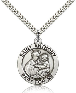 Sterling Silver St. Anthony Pendant, Stainless Silver Heavy Curb Chain, 1" x 7/8" Sterling Silver St. Anthony Pendant, Stainless Silver Heavy Curb Chain, 1" x 7/8"