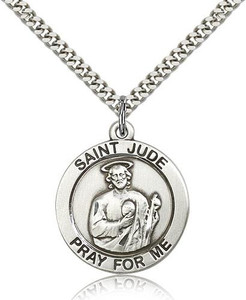 Sterling Silver St. Jude Pendant, Stainless Silver Heavy Curb Chain, 1" x 7/8" Sterling Silver St. Jude Pendant, Stainless Silver Heavy Curb Chain, 1" x 7/8"