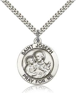 Sterling Silver St. Joseph Pendant, Stainless Silver Heavy Curb Chain, 1" x 7/8" Sterling Silver St. Joseph Pendant, Stainless Silver Heavy Curb Chain, 1" x 7/8"
