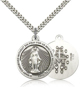 Sterling Silver Miraculous Pendant, Stainless Silver Heavy Curb Chain, 1" x 7/8" Sterling Silver Miraculous Pendant, Stainless Silver Heavy Curb Chain, 1" x 7/8"