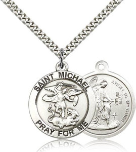 Sterling Silver St. Michael the Archangel Pendant, Stainless Silver Heavy Curb Chain, 1" x 7/8" Sterling Silver St. Michael the Archangel Pendant, Stainless Silver Heavy Curb Chain, 1" x 7/8"