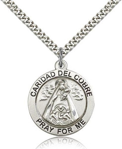 Sterling Silver Caridad Del Cobre Pendant, Stainless Silver Heavy Curb Chain, 1" x 7/8" Sterling Silver Caridad Del Cobre Pendant, Stainless Silver Heavy Curb Chain, 1" x 7/8"
