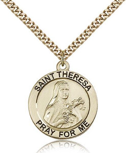 Gold Filled St. Theresa Pendant, Stainless Gold Heavy Curb Chain, 1" x 7/8" Gold Filled St. Theresa Pendant, Stainless Gold Heavy Curb Chain, 1" x 7/8"