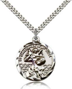 Sterling Silver St. Christopher Pendant, Stainless Silver Heavy Curb Chain, 1" x 7/8" Sterling Silver St. Christopher Pendant, Stainless Silver Heavy Curb Chain, 1" x 7/8"