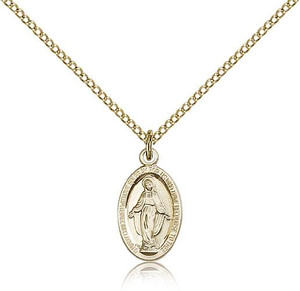 Gold Filled Miraculous Pendant, Gold Filled Lite Curb Chain, 5/8" x 3/8" Gold Filled Miraculous Pendant, Gold Filled Lite Curb Chain, 5/8" x 3/8"