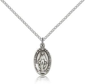 Sterling Silver Miraculous Pendant, Lite Curb Chain, 5/8" x 3/8" Sterling Silver Miraculous Pendant, Lite Curb Chain, 5/8" x 3/8"
