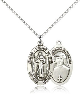 Sterling Silver Divine Mercy Pendant, Lite Curb Chain, 7/8" x 1/2"