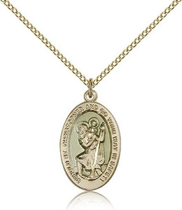 Gold Filled St. Christopher Pendant, Gold Filled Lite Curb Chain, 7/8" x 1/2" Gold Filled St. Christopher Pendant, Gold Filled Lite Curb Chain, 7/8" x 1/2"