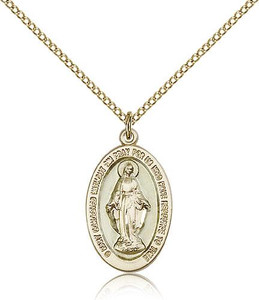 Gold Filled Miraculous Pendant, Gold Filled Lite Curb Chain, 7/8" x 1/2" Gold Filled Miraculous Pendant, Gold Filled Lite Curb Chain, 7/8" x 1/2"