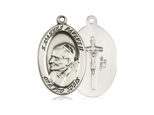 Sterling Silver Pope John Paul II Pendant, Lite Curb Chain, 7/8" x 1/2"