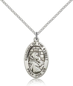 Sterling Silver Madonna of the Street Pendant, Lite Curb Chain, 7/8" x 1/2" Sterling Silver Madonna of the Street Pendant, Lite Curb Chain, 7/8" x 1/2"