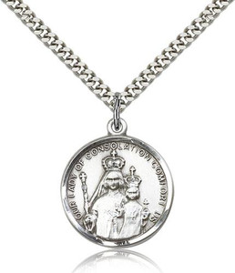 Sterling Silver Our Lady of Consolation Pendant, Stainless Silver Heavy Curb Chain, 1" x 3/4" Sterling Silver Our Lady of Consolation Pendant, Stainless Silver Heavy Curb Chain, 1" x 3/4"