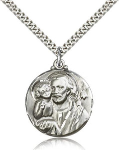 Sterling Silver St. Joseph Pendant, Stainless Silver Heavy Curb Chain, 1 1/8" x 7/8" Sterling Silver St. Joseph Pendant, Stainless Silver Heavy Curb Chain, 1 1/8" x 7/8"