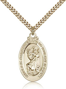 Gold Filled St. Christopher Pendant, Stainless Gold Heavy Curb Chain, 1 1/8" x 5/8" Gold Filled St. Christopher Pendant, Stainless Gold Heavy Curb Chain, 1 1/8" x 5/8"