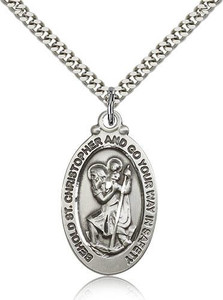 Sterling Silver St. Christopher Pendant, Stainless Silver Heavy Curb Chain, 1 1/8" x 5/8" Sterling Silver St. Christopher Pendant, Stainless Silver Heavy Curb Chain, 1 1/8" x 5/8"