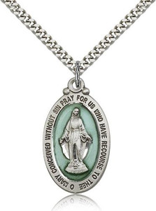 Sterling Silver Miraculous Pendant, Stainless Silver Heavy Curb Chain, 1 1/8" x 5/8" Sterling Silver Miraculous Pendant, Stainless Silver Heavy Curb Chain, 1 1/8" x 5/8"