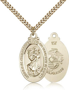 Gold Filled St. Christopher Marines Pendant, Gold Heavy Curb Chain, 1 1/8" x 5/8" Gold Filled St. Christopher Marines Pendant, Gold Heavy Curb Chain, 1 1/8" x 5/8"