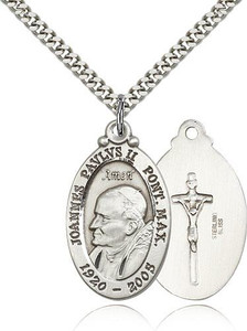 Sterling Silver Pope John Paul II Pendant, Stainless Silver Heavy Curb Chain, 1 1/8" x 3/4" Sterling Silver Pope John Paul II Pendant, Stainless Silver Heavy Curb Chain, 1 1/8" x 3/4"
