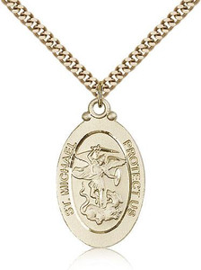 Gold Filled St. Michael the Archangel Pendant, Stainless Gold Heavy Curb Chain, 1 1/8" x 5/8" Gold Filled St. Michael the Archangel Pendant, Stainless Gold Heavy Curb Chain, 1 1/8" x 5/8"
