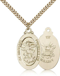 Gold Filled St. Michael / Navy Pendant, Gold Heavy Curb Chain, 1 1/8" x 5/8" Gold Filled St. Michael / Navy Pendant, Gold Heavy Curb Chain, 1 1/8" x 5/8"