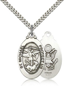 Sterling Silver St. Michael the Archangel Army Pendant, Heavy Curb Chain, 1 1/8" x 5/8" Sterling Silver St. Michael the Archangel Army Pendant, Heavy Curb Chain, 1 1/8" x 5/8"