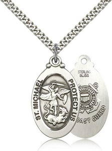 Sterling Silver St. Michael / Coast Guard Pendant, Silver Heavy Curb Chain, 1 1/8" x 5/8" Sterling Silver St. Michael / Coast Guard Pendant, Silver Heavy Curb Chain, 1 1/8" x 5/8"
