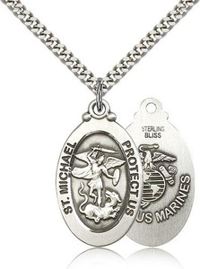 Sterling Silver St. Michael / Marines Pendant, Heavy Curb Chain, 1 1/8" x 5/8" Sterling Silver St. Michael / Marines Pendant, Heavy Curb Chain, 1 1/8" x 5/8"