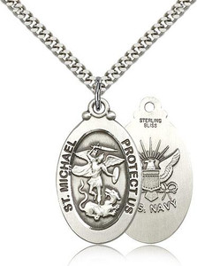 Sterling Silver St. Michael / Navy Pendant, Silver Heavy Curb Chain, 1 1/8" x 5/8" Sterling Silver St. Michael / Navy Pendant, Silver Heavy Curb Chain, 1 1/8" x 5/8"