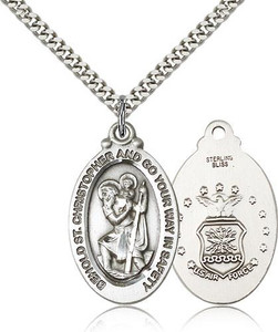 Sterling Silver St. Christopher Air Force Pendant, Heavy Curb Chain, 1 1/8" x 5/8" Sterling Silver St. Christopher Air Force Pendant, Heavy Curb Chain, 1 1/8" x 5/8"