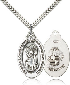 Sterling Silver St. Christopher Marines Pendant, Heavy Curb Chain, 1 1/8" x 5/8" Sterling Silver St. Christopher Marines Pendant, Heavy Curb Chain, 1 1/8" x 5/8"