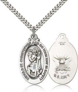 Sterling Silver St. Christopher Navy Pendant, Heavy Curb Chain, 1 1/8" x 5/8" Sterling Silver St. Christopher Navy Pendant, Heavy Curb Chain, 1 1/8" x 5/8"