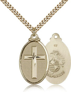Gold Filled Cross / Marines Pendant, Gold Heavy Curb Chain, 1 1/4" x 5/8"