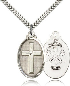 Sterling Silver Cross / National Guard Pendant, Heavy Curb Chain, 1 1/4" x 5/8"